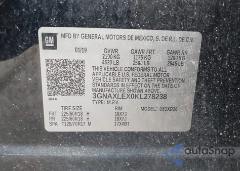 2019 Chevrolet Equinox Lt из США, поврежденный, VIN 3GNAXLEX0KL278238